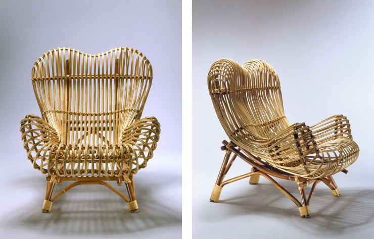 Le fauteuil « Gala » (1951) est une surprise dans le design des fifties. Albini s’appuie sur le savoir-faire traditionnel du rotin pour dessiner un siège ultramoderne. Avec le « Margherita » conçu l’année précédente, Albini a créé pour Vittorio Bonacina, bien avant le film « Emmanuelle », deux icônes du siège intérieur ET extérieur.