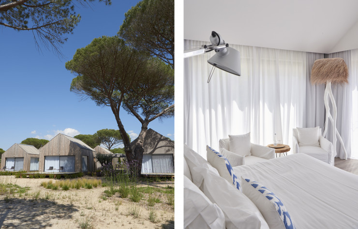 L’architecte Miguel Câncio Martins a signé, bien caché dans une pinède, l’hôtel Sublime Comporta. Il l’a imaginé comme des grappes de petites maisons aux volumes simples que relient des couloirs centraux tout en baies vitrées. À l’intérieur, la déco, richement simple elle aussi, plébiscite le blanc et les matériaux bruts.