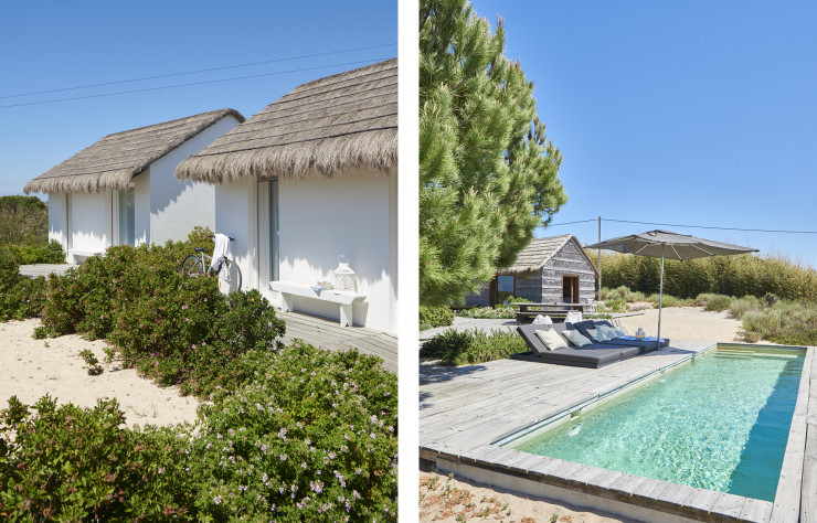 Perdues dans l’immensité des marécages, cernées par les coquelicots et marguerites, les Casas na Areia, quatre bicoques aux toits de chaume, pensées par l’architecte Manuel Aires Mateus, vont comme un gant à la solennité nue du paysage