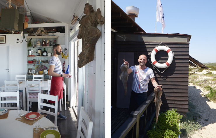 Sal, la plus courue des paillottes, là où viennent déjeuner les jeunes gens bon teint et les retraités millionnaires, il faut la chercher au creux des dunes de la plage du Pêgo. Là, on découvre une terrasse habillée de tissus rayés et d’assiettes dépareillées, et puis une carte toute simple (mais pas donnée), où les mets iodés jouent les grandes vedettes.