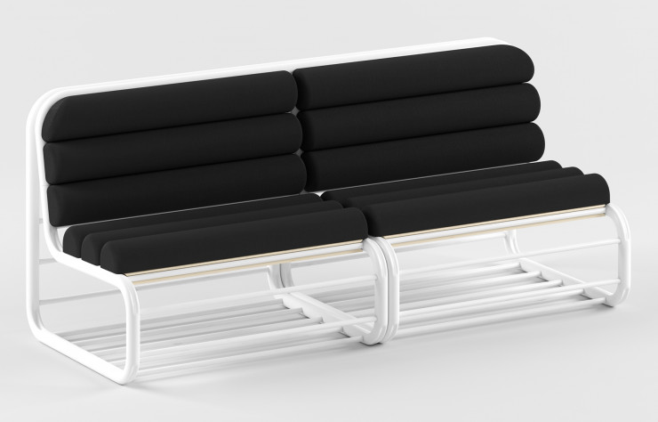 Banc du studio Maximun, réalisé à l’aide d’anciennes barrières de sécurité.