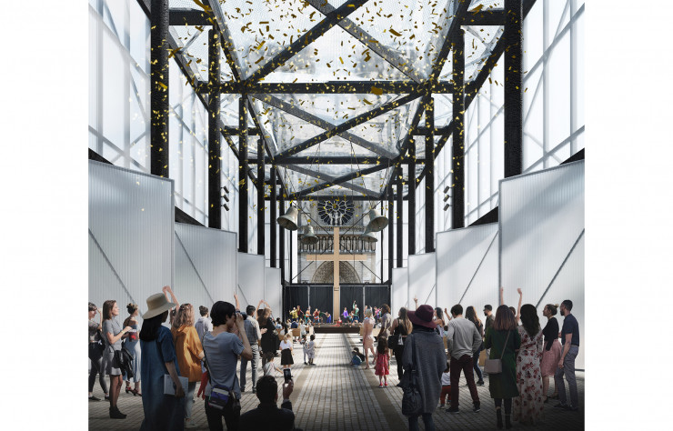 Composée de coussins en ETFE, un polymère dernier cri, la toiture invite à contempler le ciel et la cathédrale.