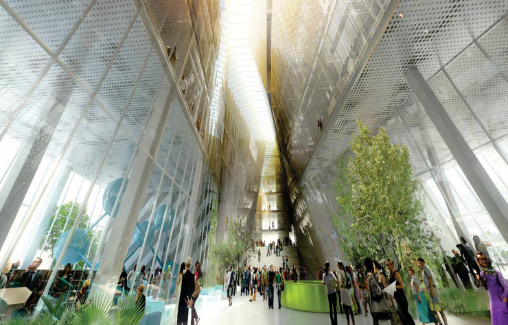 La rue intérieure a été conçu comme une « cathédrale des sciences » par l’agence BIG, associée pour l’occasion à l’architecte français Manal Rachdi.