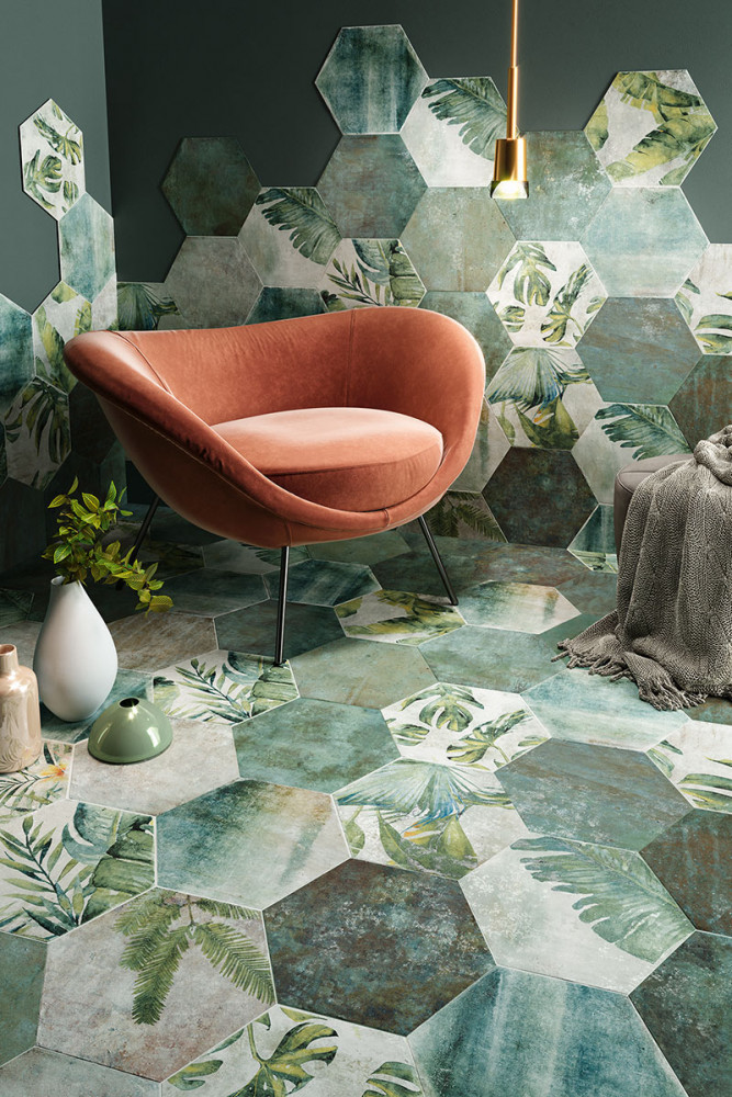 Carreaux de porcelaine, collection « Amazonia », 5 coloris, 32 x 36,8 cm (Zyx chez Décocéram).