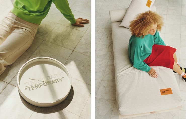 Horloge murale, 34,99 €. Structure lit banquette en pin, 180 €. Housse pour divan, 99 €.