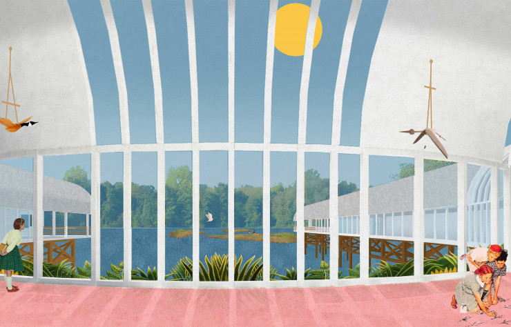 Projet pour le Sevenoaks Nature and Wellbeing Centre, au Royaume-Uni, 2017. Par sa forme en J, cette proposition pour le centre d’accueil de la réserve animalière de Sevenoaks, dans le Kent, offre aux visiteurs une véritable expérience, en immersion totale dans la nature.
