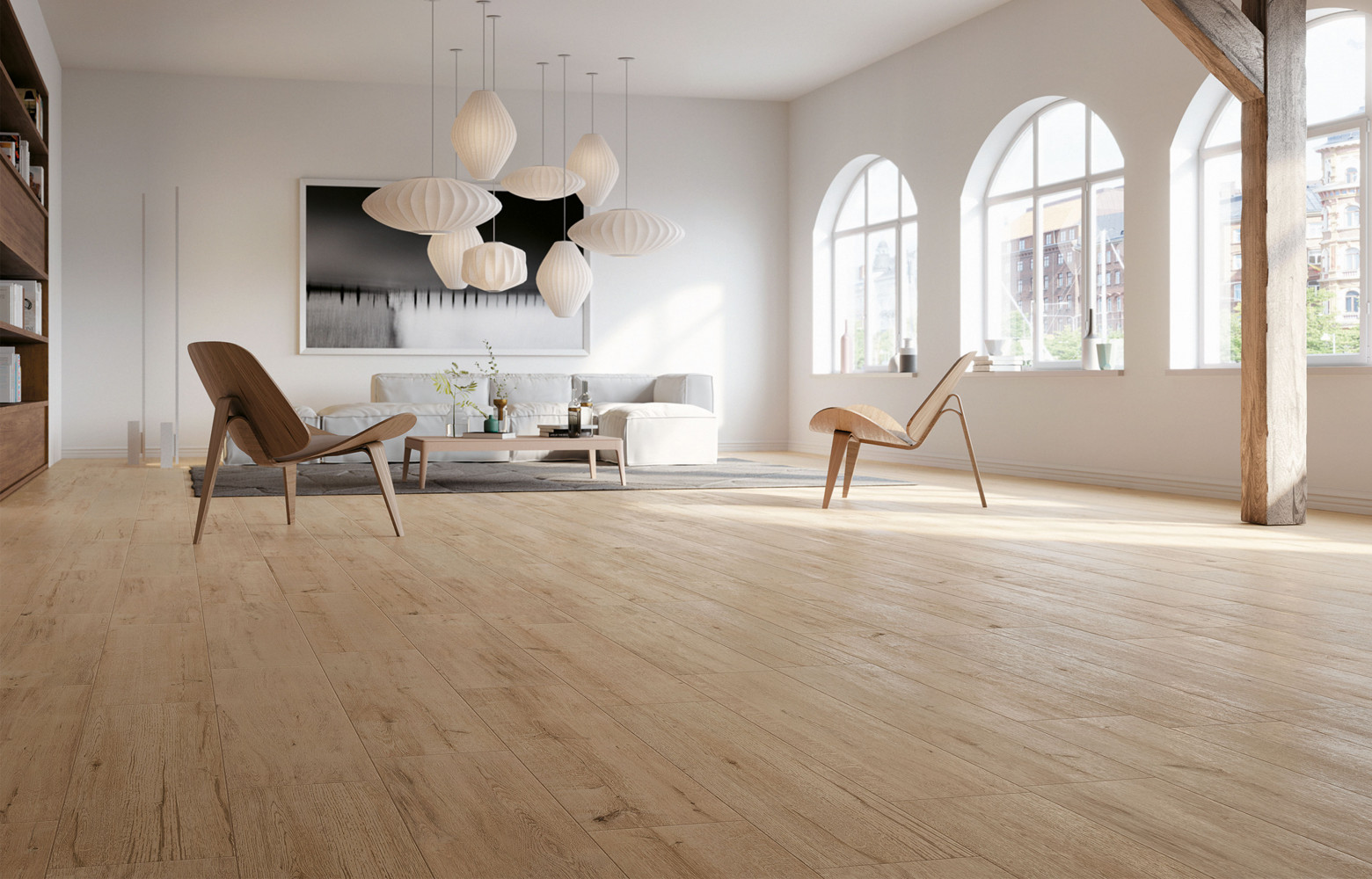 Carrelage en grès cérame coloré dans la masse aspect bois, collection « Hirati », 3 ­coloris, 22,5 x 90 cm (Novoceram).