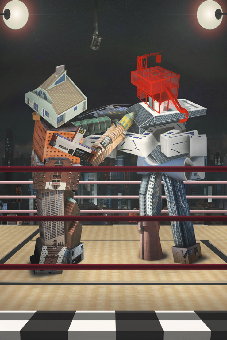 Rock ’Em Sock ’Em!, 2018. Collage réalisé pour l’exposition collective « Forward the Past ». Sur le tatami du ring Tawaraya (1981), conçu par Masanori Umeda pour le groupe Memphis, les figures de deux points de vue architecturaux opposés et complémentaires, qui, dans les années 80, se sont affrontés ouvertement, se rencontrent dans un combat de boxe acharné.