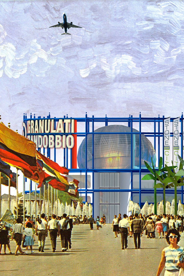Concours international pour Stone City, en Italie, 2017 De nombreuses références typologiques (expositions universelles, utopies d’Étienne-Louis Boullée, IBM World…) nourrissent ici le projet de parc d’exposition pour les matériaux minéraux de la société Granulati Zandobbio.