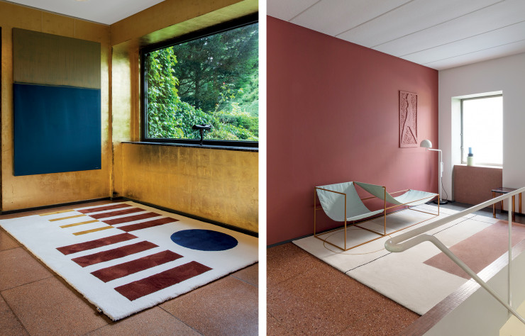 A gauche : « Forms 50 », en laine et soie, 160 x 200 cm. A droite : « Minimal 26 », en laine et soie, 200 x 250 cm.