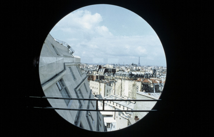 Vue sur la tour Eiffel, depuis l’ancien siège de Libération, imaginé à la fin des années 1980 par Patrick Rubin dans un garage des années 1950 proche de la place de la République.