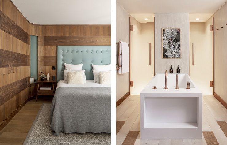 Fini les boiseries rustiques. A l’hôtel Coeur de Megève, le noyer brossé privilégie les lignes graphiques.
