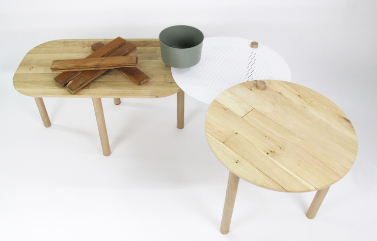 Table basse fabriquée à partir de l’ancien parquet des 3Suisses.