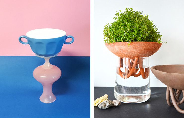 Vase « Diabolo Myrtille »de Pauline Djerfi, à la tête d’Hyperbol Studio, et vase « Rhizo » de Melitine Courvoisier.
