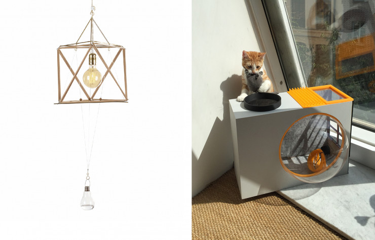 Suspension « Vecor Equilibrium » de Nicolas Brevers, fondateur de Gobo Lights, et « La Cabina », une « playhouse » pour chat de Benjamin Decle.