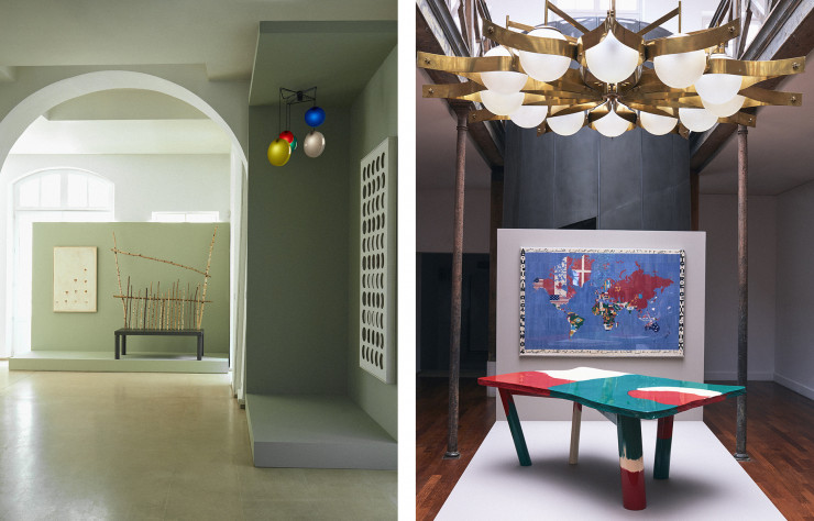 A gauche, suspension « 2072 ‘Jo-jo’ » de Gino Sarfatti. A droite, table Sansone de Gaetano Pesce, accompagnée d’une tapisserie d’Alighiero Boetti et du plafonnier « Pavone » de Gio Ponti.