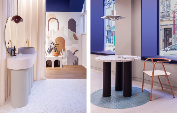 Le papier-peint Utopie et la chaise Mom & Dad Factory, tous deux signés par l’agence Heju, répondent aux motifs de terrazzo et de parquets déclinés par les vinyles Tarkett, dans le showroom parisien du fabricant de revêtements.
