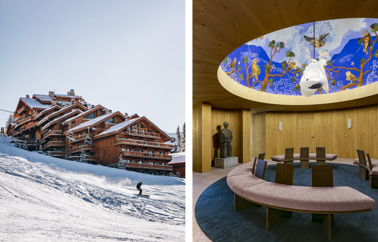 Dans l’entrée de l’hôtel construit au bord des pistes, la fresque réalisée par Matthieu Cossé figure des chouettes. Au centre, la suspension symbolise le nid du coucou. Les bancs en mélèze massif et velours sont dessinés par Pierre Yovanovitch. Une sculpture en pierre d’Ugo Rondinone, appartenant à la collection de la famille Pariente, veille sur le lobby.