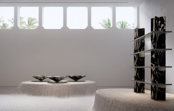 Dévoilées en bois massif dans le showroom de la marque, les étagères Monument (2019) se déclinent aussi en marbre, en édition ultra limitée.