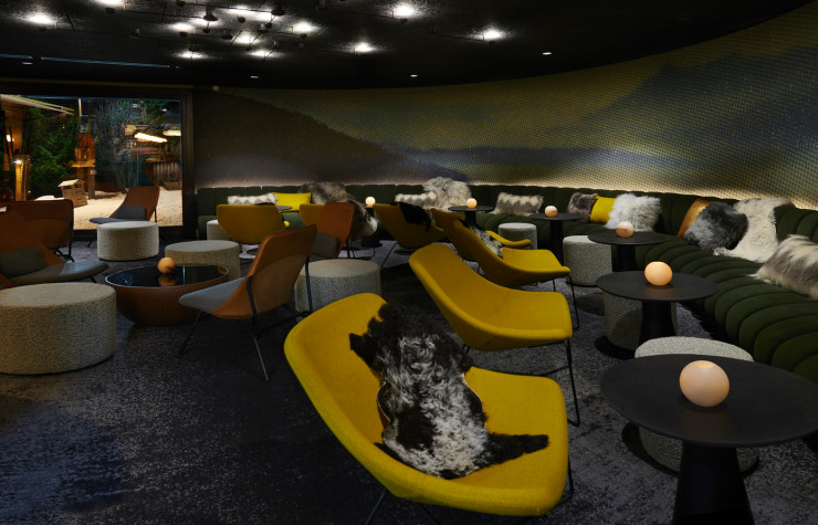 Le bar est meublé par des sièges Mishell (Noti) recouverts d’un tissu jaune édité par la maison lyonnaise Bisson Bruneel. La banquette signée Atelier Obermant est dominée par un paysage d’Avoriaz retravaillé et imprimé sur papier peint Vescom.