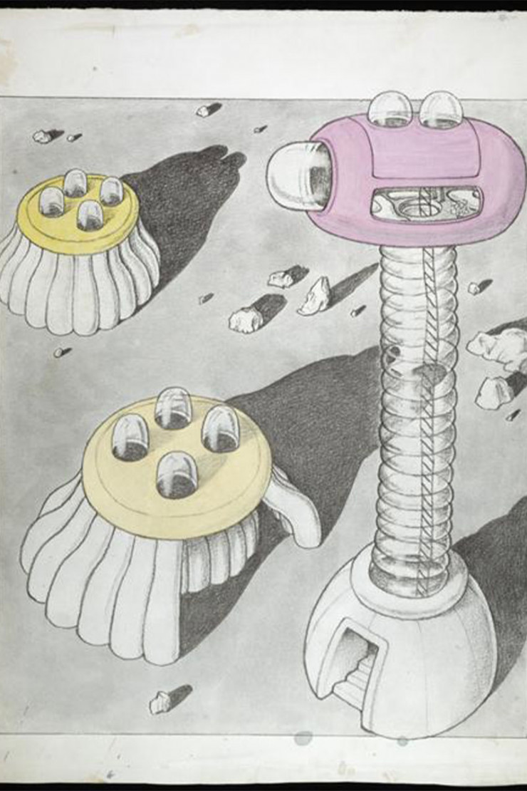 En 1973, Ettore Sottsass imagine « Il pianeta come festival ». Ces planches représentent une architecture utopique qui devient très vite emblématique du Mouvement radical.