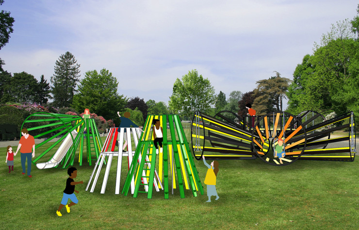 Egalement signée par Matali Crasset, l’aire de jeux Stries et compagnie, installée place de la Nation, à Paris