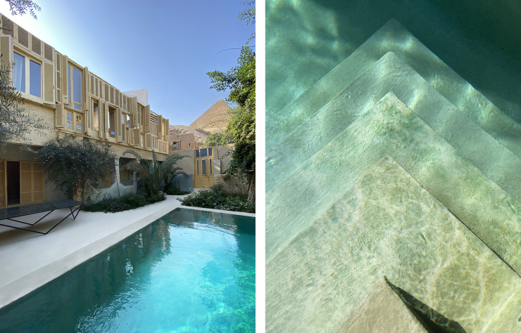 Du mobilier aux marches de la piscine, le dernier projet de Stéphane Malka multiplie les références à son illustre voisine : la pyramide de Khéops, la plus grande du plateau de Gizeh.
