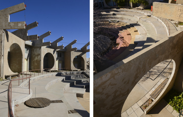 Autour de l’amphithéâtre de plein air s’enroule un ensemble de logements coiffés de flèches de béton et percés d’immenses ouvertures circulaires. Un style qui évoque Carlo Scarpa, Louis Kahn ou encore l’architecture des tribus autochtones de l’Arizona.