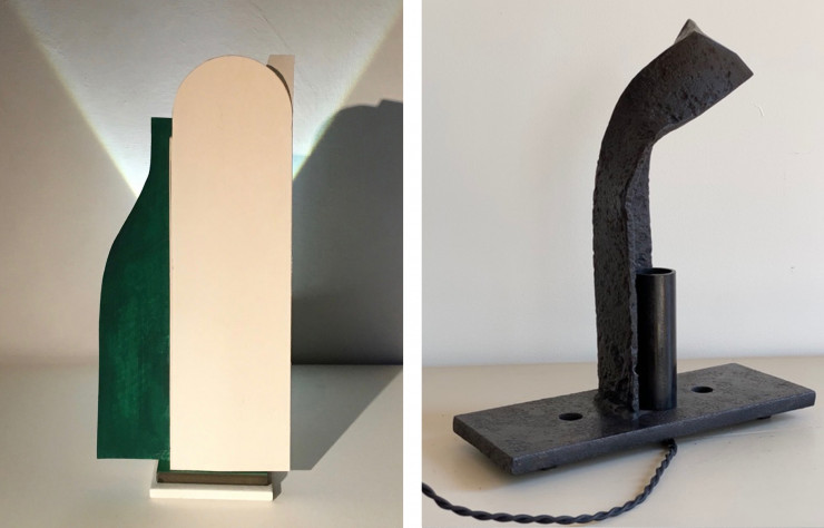Lampe en carton et bois découpé d’Eric Jourdan et lampe en divers matériaux de récupération d’Eric Schmitt.