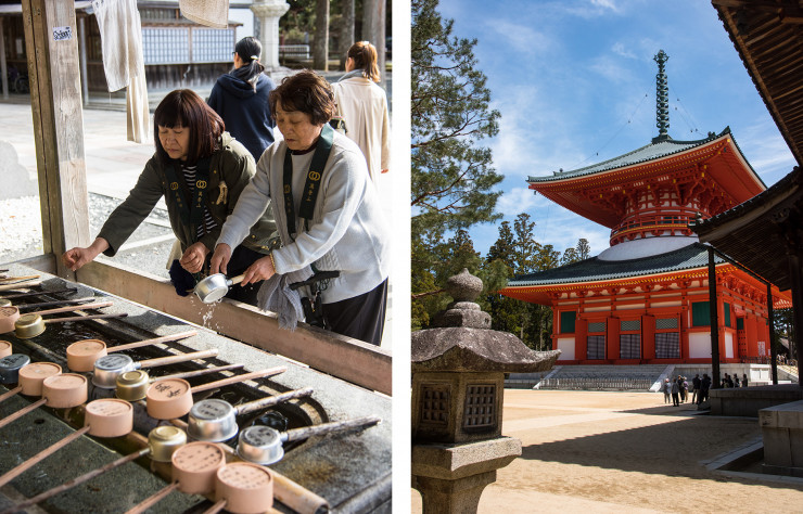 Un bassin consacré au rituel traditionnel de purification se trouve à l’entrée du cimetière d’Okunoin. Dans la pagode Danjô-garan, de gigantesques mandalas racontent l’émergence du bouddhisme Shingon.