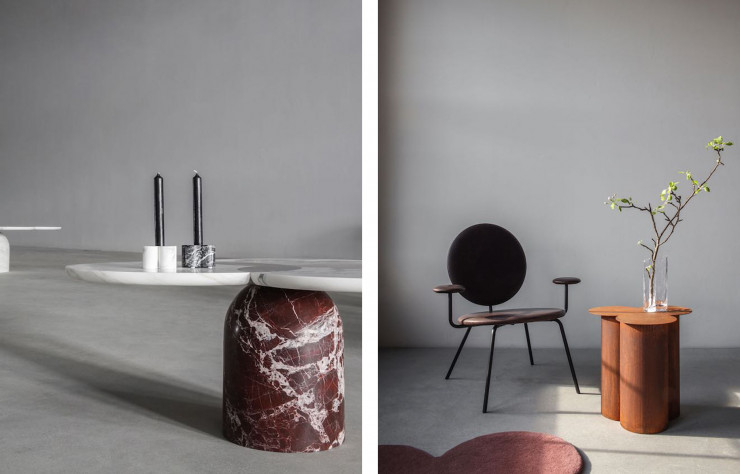 Tables basses Bop et fauteuil 66 Degree.