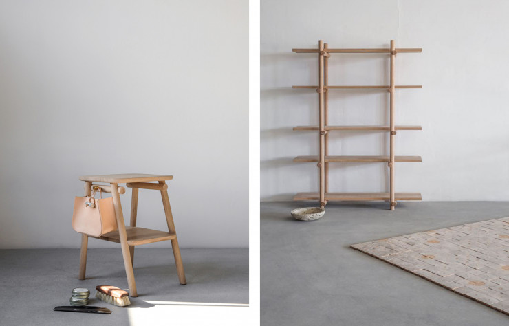 Tabouret et étagères en chêne Modi.