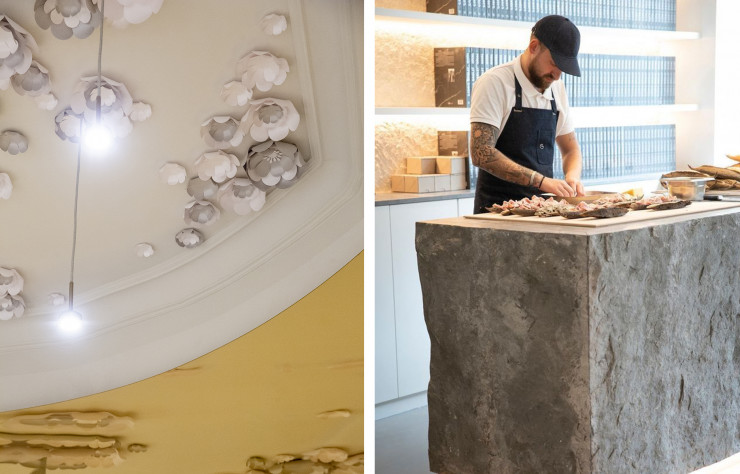 Fleurs en papier de Mathilde Nivet et comptoir en croûte de pierre italienne.