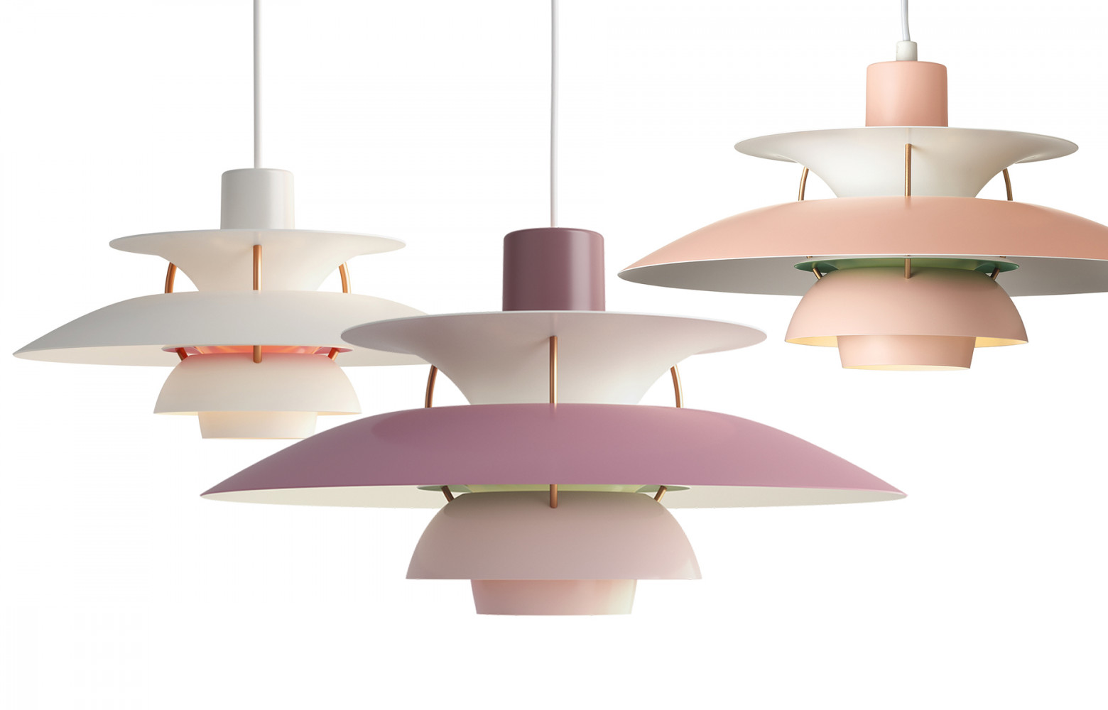Suspensions PH 5 Mini et PH 5 en aluminium dépoli, design Poul Henningsen, 565 € et 775...