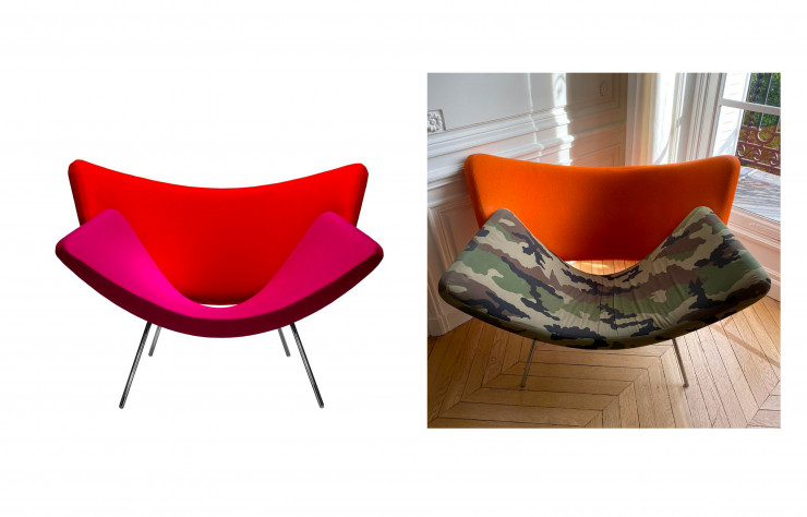 Le Fauteuil Miss Butterfly de Christian Ghion. À droite, la version réalisée par le designer pour Jean-Charles de Castelbajac avec un imprimé camouflage.