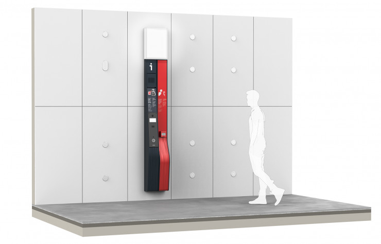 Contraste des couleurs, fluidité des lignes et éclairage intégré sont au menu de cette borne d’appel.