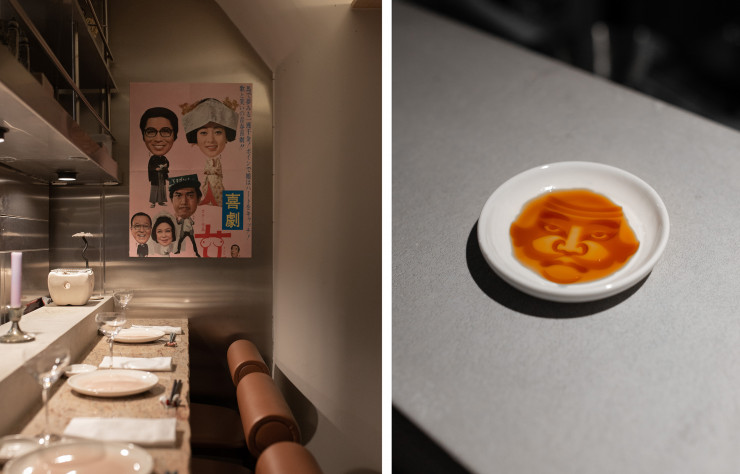 A gauche : le comptoir en Inox, pour la touche contemporaine. A droite : la coupelle farceuse à remplir de sauce soja.