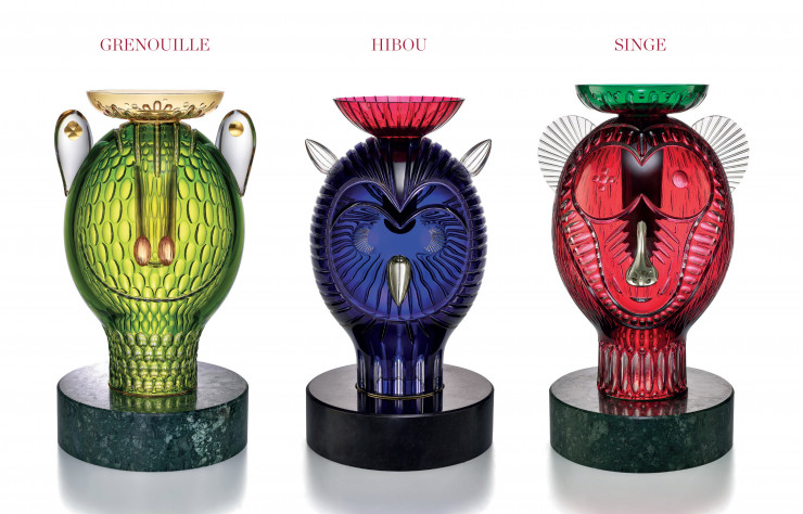 Le carnaval des animaux (suite) : grenouille, hibou et singe de la collection « Faunacrystopolis » de Jaime Hayon pour Baccarat.