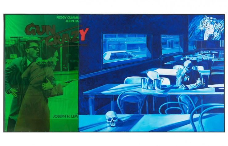 Jacques Monory, Couleur n° 1, 2002. Huile sur toile, affiche de cinéma « Gun Crazy » de J.H. Lewis et plexiglas, 160 x 300 cm. Photo Jacques Monory.