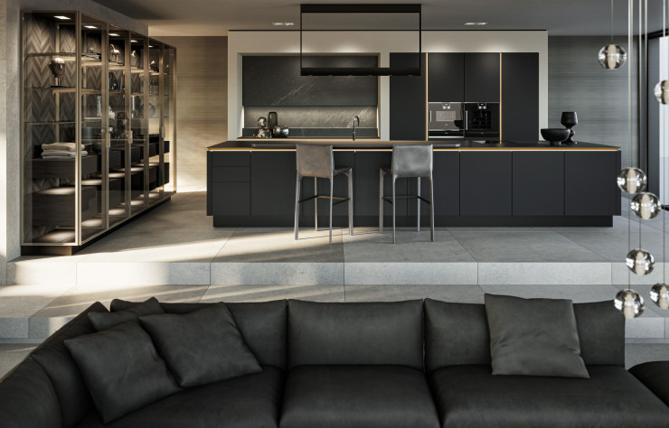 Récompensée d’un Red Dot Design Award 2020, la cuisine Pure-SLX affiche son style et propose un parfait espace de transition avec ses vitrines élégantes. SieMatic.
