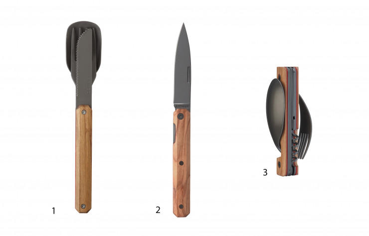 1- Les couverts en bois droits aimantés de la gamme « 12H34 ».2- Le couteau en bois de poche de la collection « 18H07 ».3- Les couverts en bois pliants multifonctions « 13H25 ».