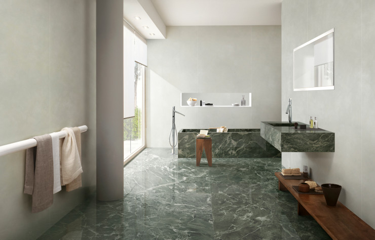 Grès cérame effets marbre, pierre, béton et métaux, collection « Grande Marble Look », divers coloris et décors, 2 formats (Marazzi).