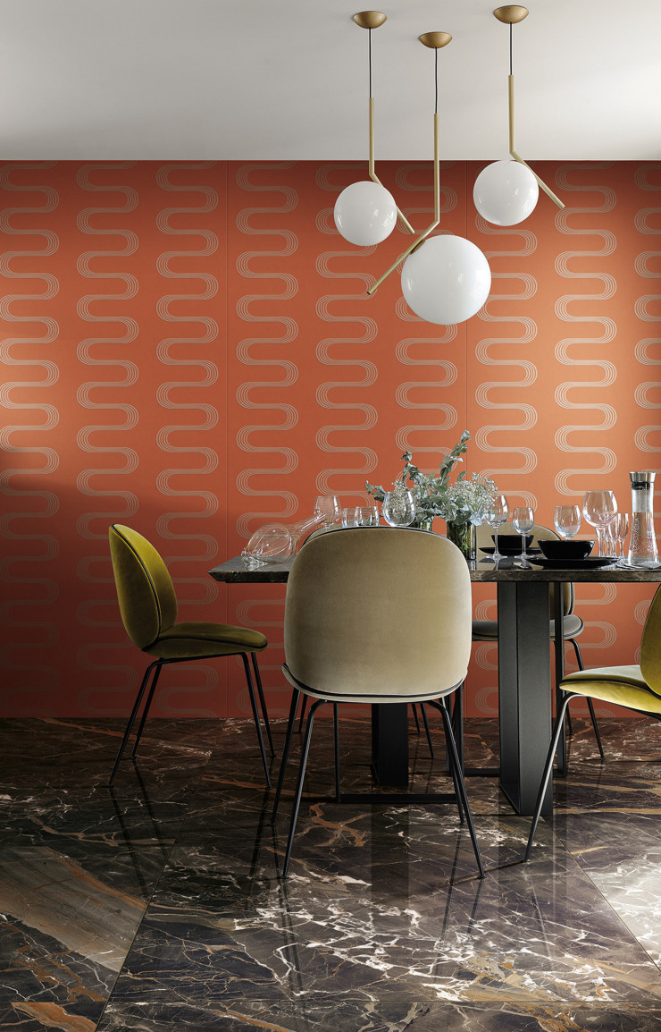 Grès cérame effet tissu, collection « I Filati di Rex », en collaboration avec Rubelli, 34 couleurs, 3 formats (Florim).