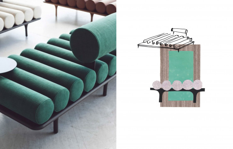 La banquette-lit Five to Nine (Tacchini, 2020) s’inspire des années 1900 et dépeignent un lieu d’évasion créative.
