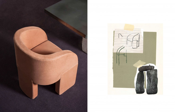 Fauteuil Lazbones (Baxter, 2020) : pieds rembourrés et assise coque à la silhouette incurvée.