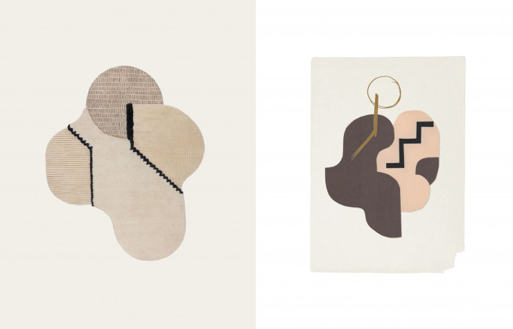 Tapis Lunar Addiction (cc-Tapis, 2019). Différents types de laines brutes interrompues par des éléments graphiques.