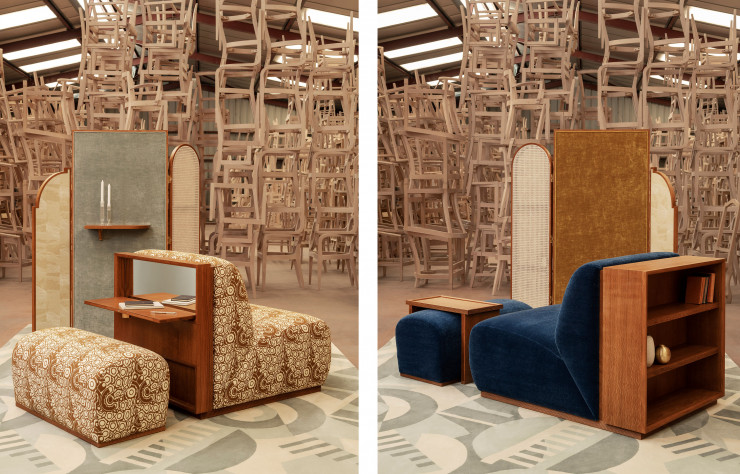 La collection de mobilier est modulable et se décline avec deux tissus de la maison Pierre Frey.