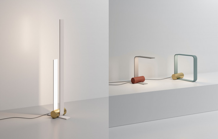 Nastro, collection de lampe de table composée d’un ruban taupe, blanc ou gris-vert et d’un cylindre terracotta ou en laiton brossé (Tooy, 2020).