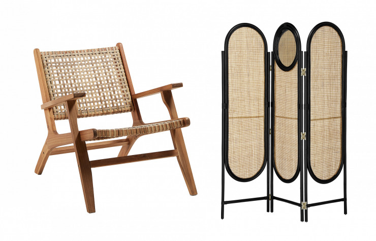 À droite, le fauteuil Grignoon. Outre sa structure en bois massif d’acacia, il arbore une résine tressée à la main qui le destine aussi à l’outdoor (sous couvert).À gauche, le paravent en rotin Lalita. Une création maison qui n’empêche pas la marque de collaborer aussi avec des signatures externes.