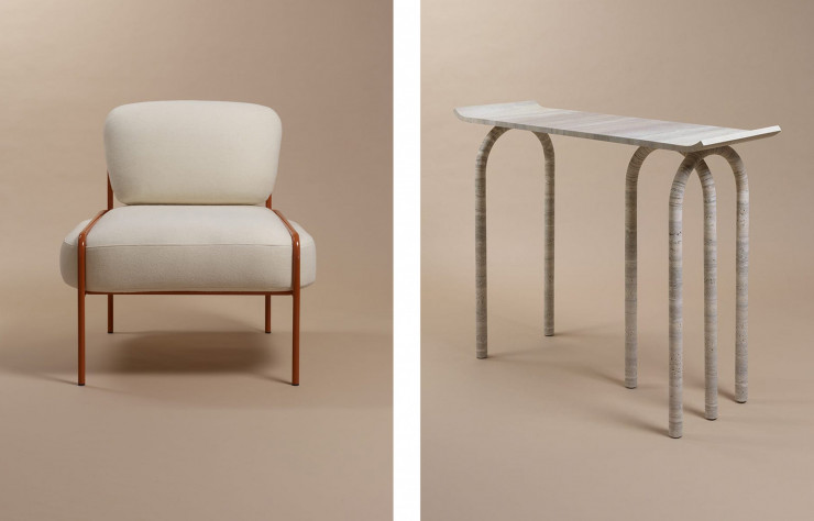 A gauche, chauffeuse Laime de Charlotte Juillard et à droite console Arca de RDAI, deux modèles phares de l’éditeur Noma.